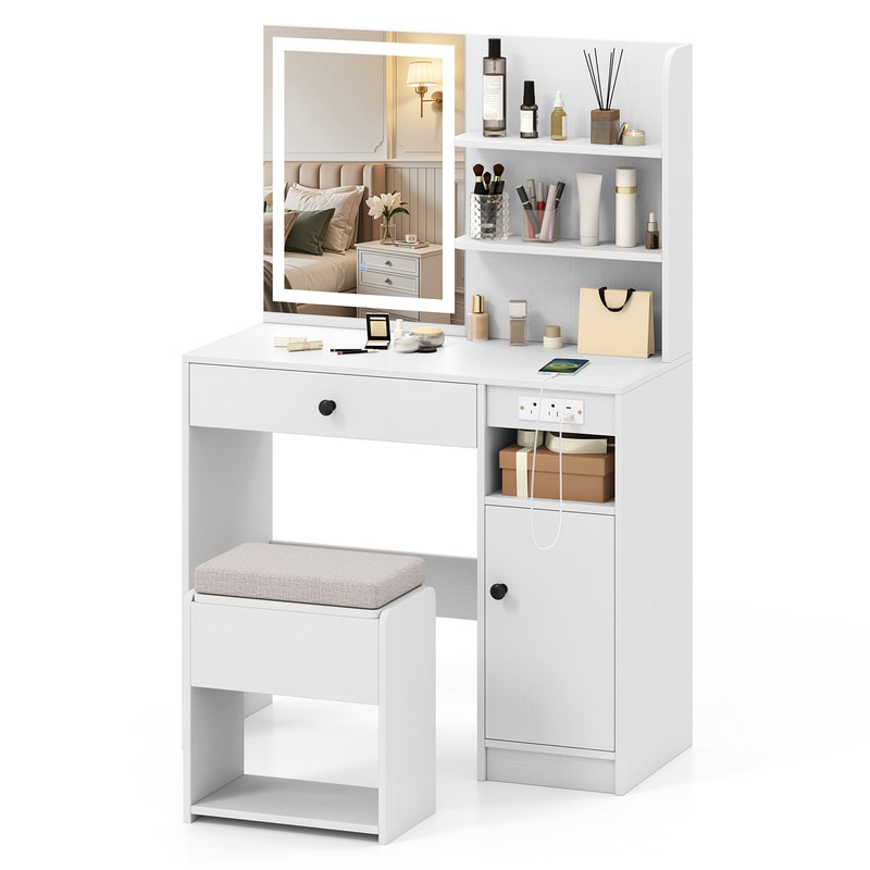 Vanity Desk With Mirror And Lights White Makeup Table With Cushioned Stool Charging Station And Amp 0