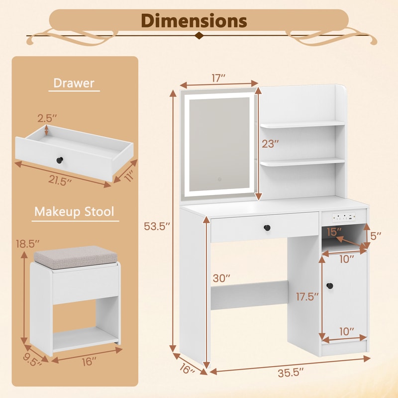 Vanity Desk With Mirror And Lights White Makeup Table With Cushioned Stool Charging Station And Amp 7