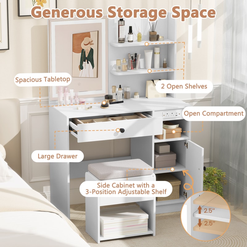 Vanity Desk With Mirror And Lights White Makeup Table With Cushioned Stool Charging Station And Amp 5
