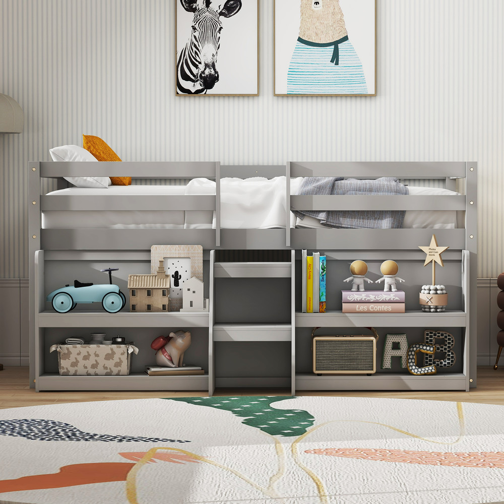 Modern Twin Size Loft Bed With LED Lights Staircase Guardrail Wooden Kids Bed With Bookcase Under 1