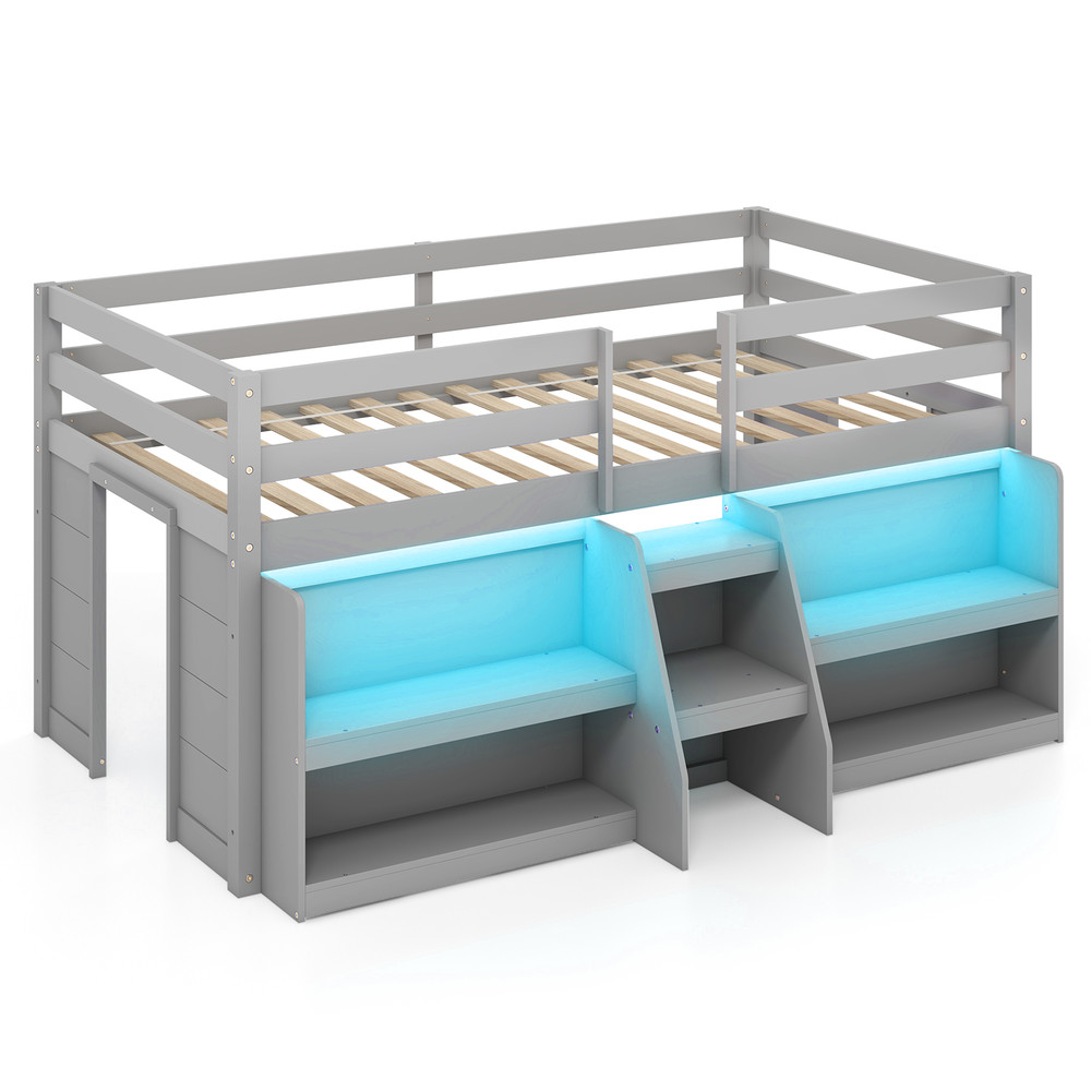 Modern Twin Size Loft Bed With LED Lights Staircase Guardrail Wooden Kids Bed With Bookcase Under 0