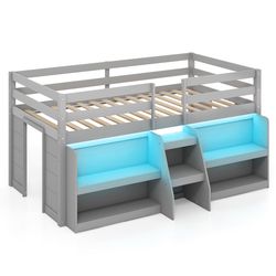 modern twin size loft bed with led lights, staircase & guardrail, wooden kids bed with bookcase & under-bed storage