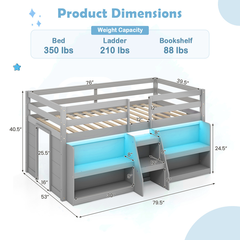 Modern Twin Size Loft Bed With LED Lights Staircase Guardrail Wooden Kids Bed With Bookcase Under 7