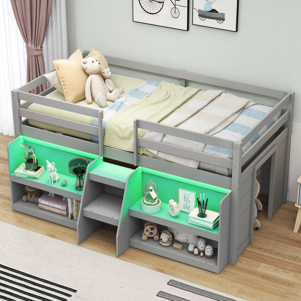Modern Twin Size Loft Bed With LED Lights Staircase Guardrail Wooden Kids Bed With Bookcase Under 6