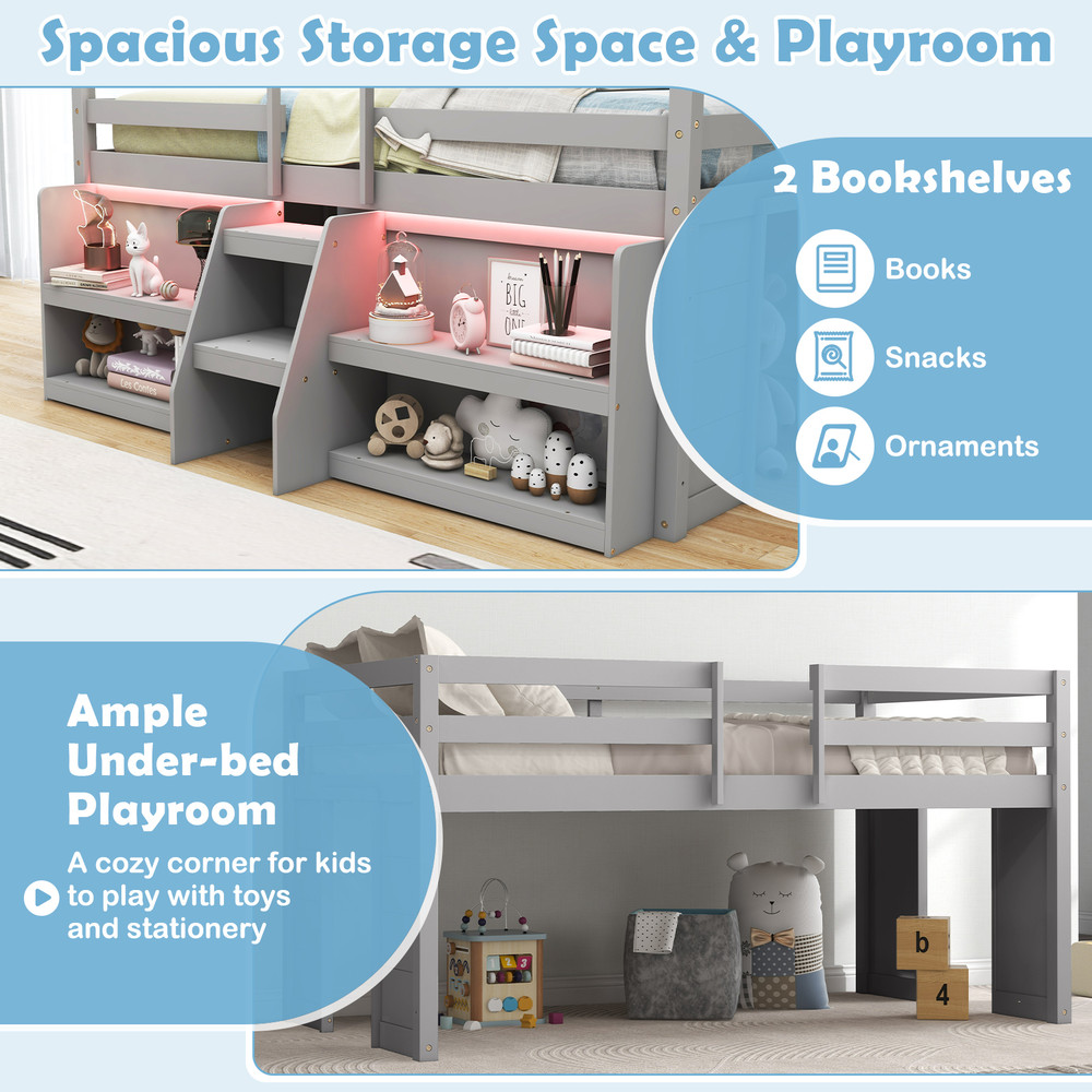 Modern Twin Size Loft Bed With LED Lights Staircase Guardrail Wooden Kids Bed With Bookcase Under 2