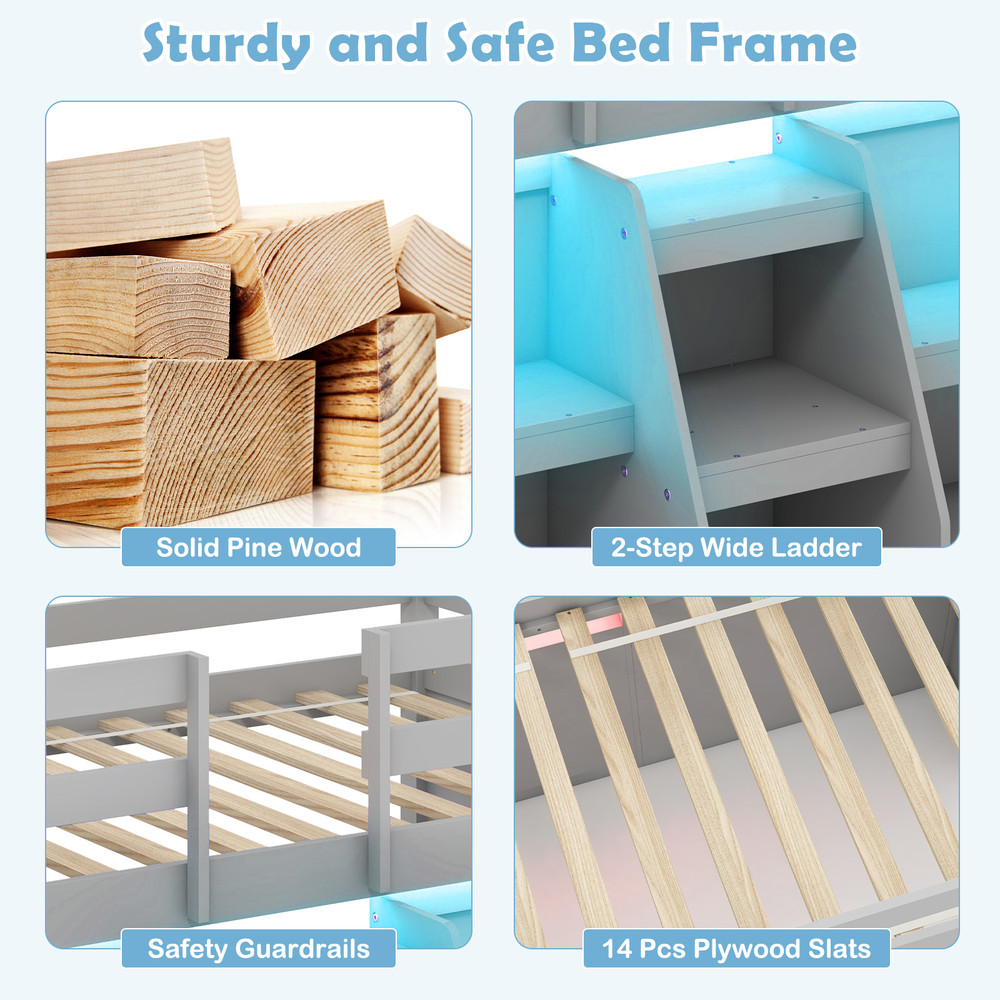 Modern Twin Size Loft Bed With LED Lights Staircase Guardrail Wooden Kids Bed With Bookcase Under 3