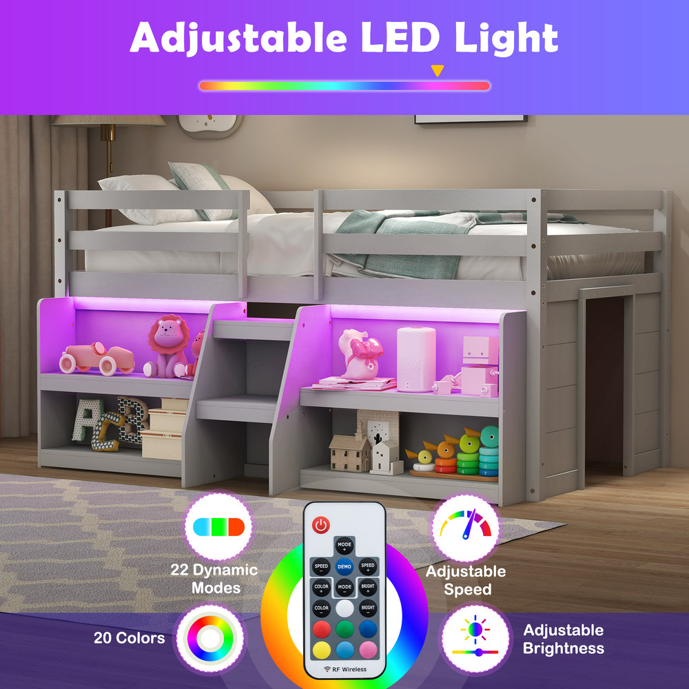 Modern Twin Size Loft Bed With LED Lights Staircase Guardrail Wooden Kids Bed With Bookcase Under 5
