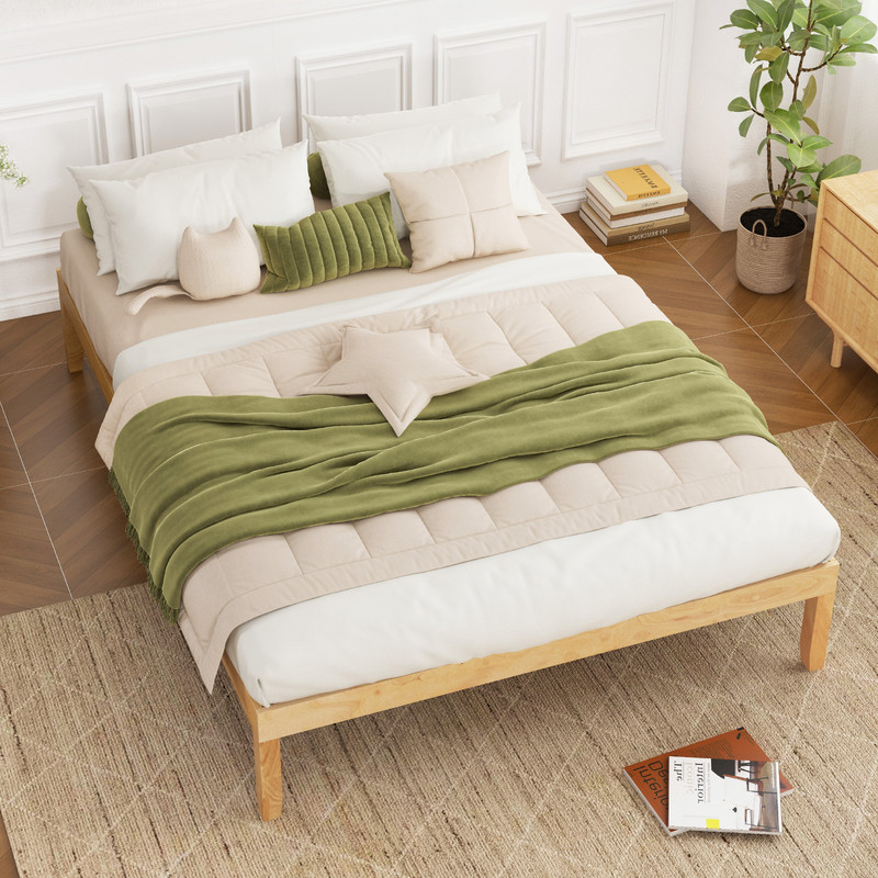 Full Size Wood Bed Frame with Wooden Slats Support & Solid Rubber Wood Legs, No Box Spring Needed, Under Bed Storage