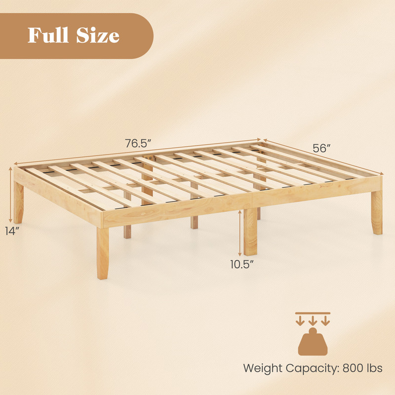 Full Size Wood Bed Frame with Wooden Slats Support & Solid Rubber Wood Legs, No Box Spring Needed, Under Bed Storage
