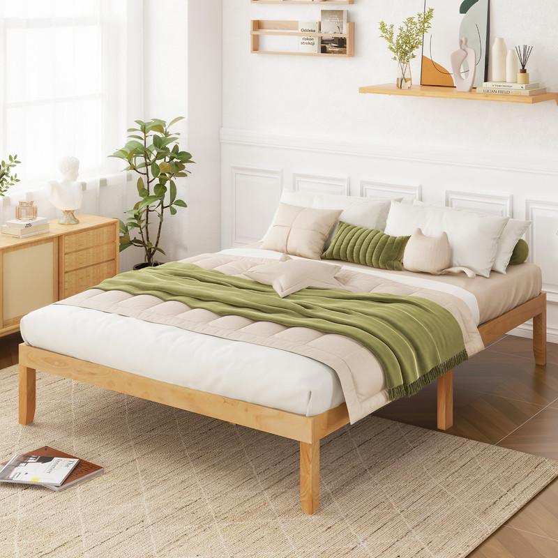 Queen Wood Bed Frame with Slatted Support & Rubber Wood Legs, Sturdy Platform Bed with Storage Space & Easy Assembly
