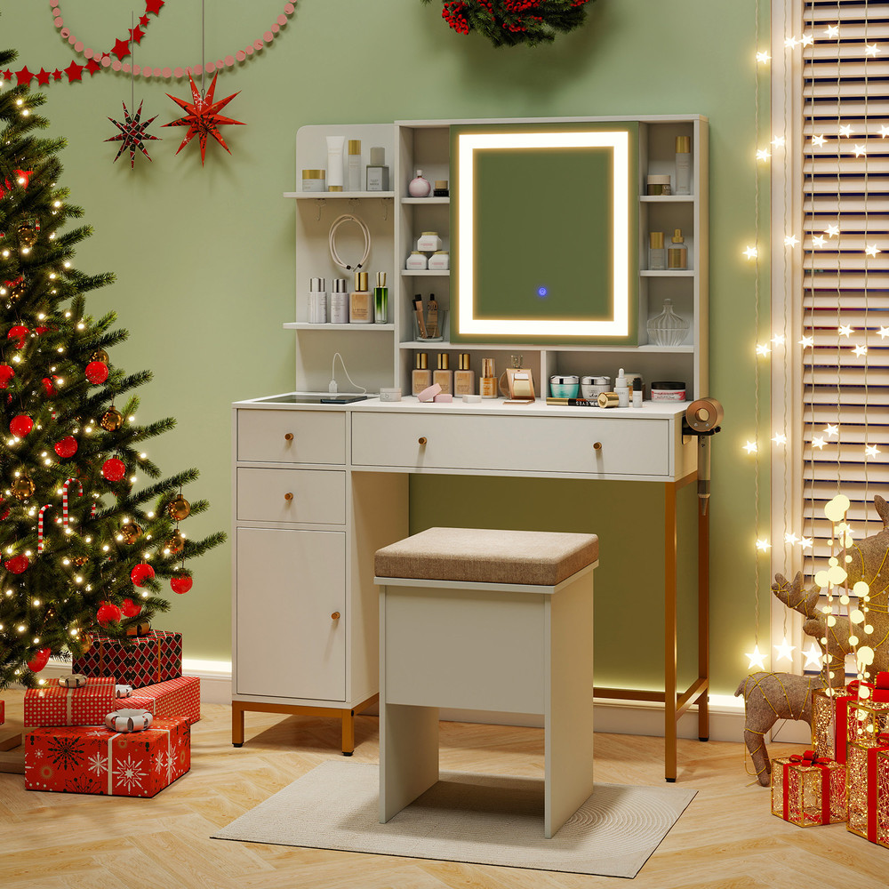 Makeup Dressing Table and Stool Set with Mirror, Lighting Modes, Charging Station, Drawers & Cabinet for Bedroom Vanity