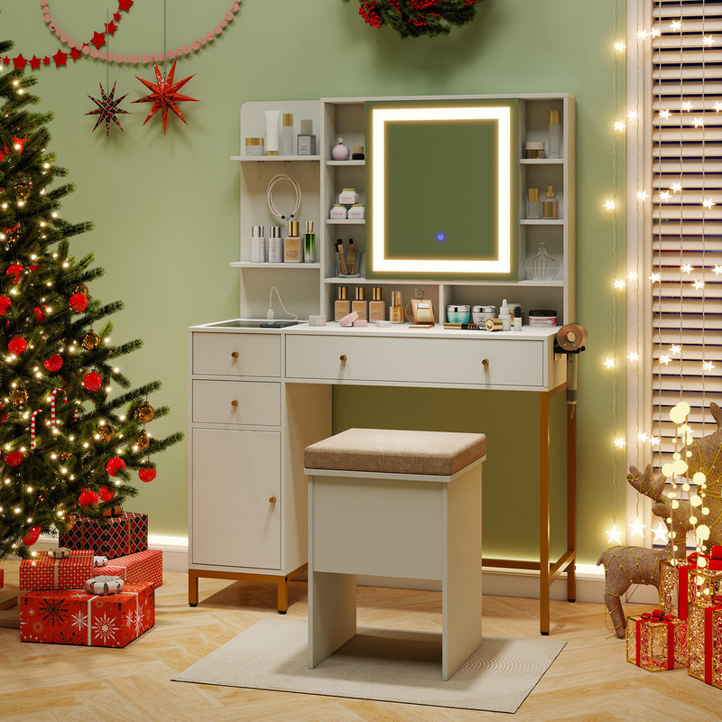 Makeup Dressing Table and Stool Set with Mirror, Lighting Modes, Charging Station, Drawers & Cabinet for Bedroom Vanity