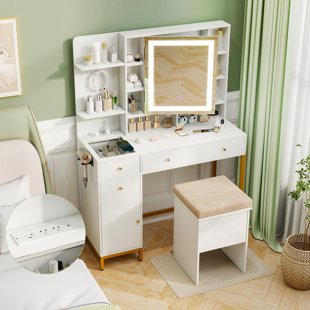 Makeup Dressing Table and Stool Set with Mirror, Lighting Modes, Charging Station, Drawers & Cabinet for Bedroom Vanity