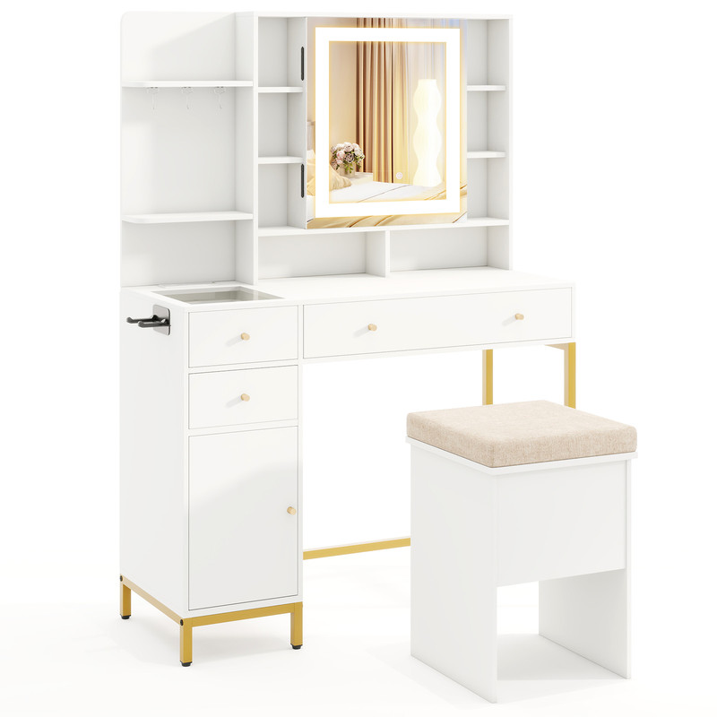 Makeup Dressing Table and Stool Set with Mirror, Lighting Modes, Charging Station, Drawers & Cabinet for Bedroom Vanity