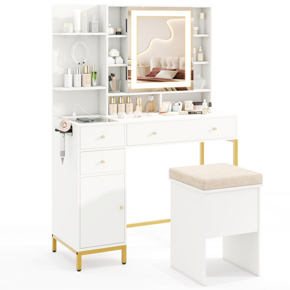 Makeup Dressing Table and Stool Set with Mirror, Lighting Modes, Charging Station, Drawers & Cabinet for Bedroom Vanity