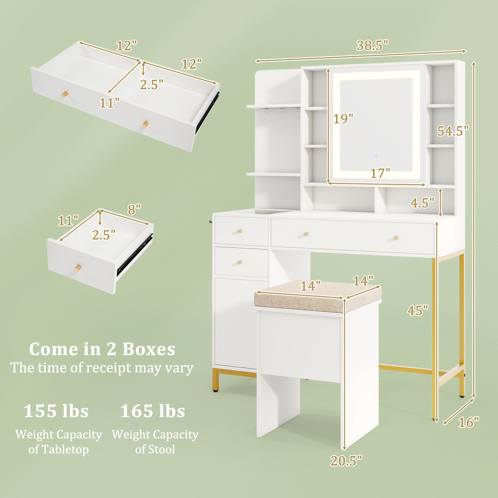 Makeup Dressing Table and Stool Set with Mirror, Lighting Modes, Charging Station, Drawers & Cabinet for Bedroom Vanity
