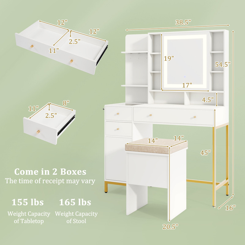 Makeup Dressing Table and Stool Set with Mirror, Lighting Modes, Charging Station, Drawers & Cabinet for Bedroom Vanity