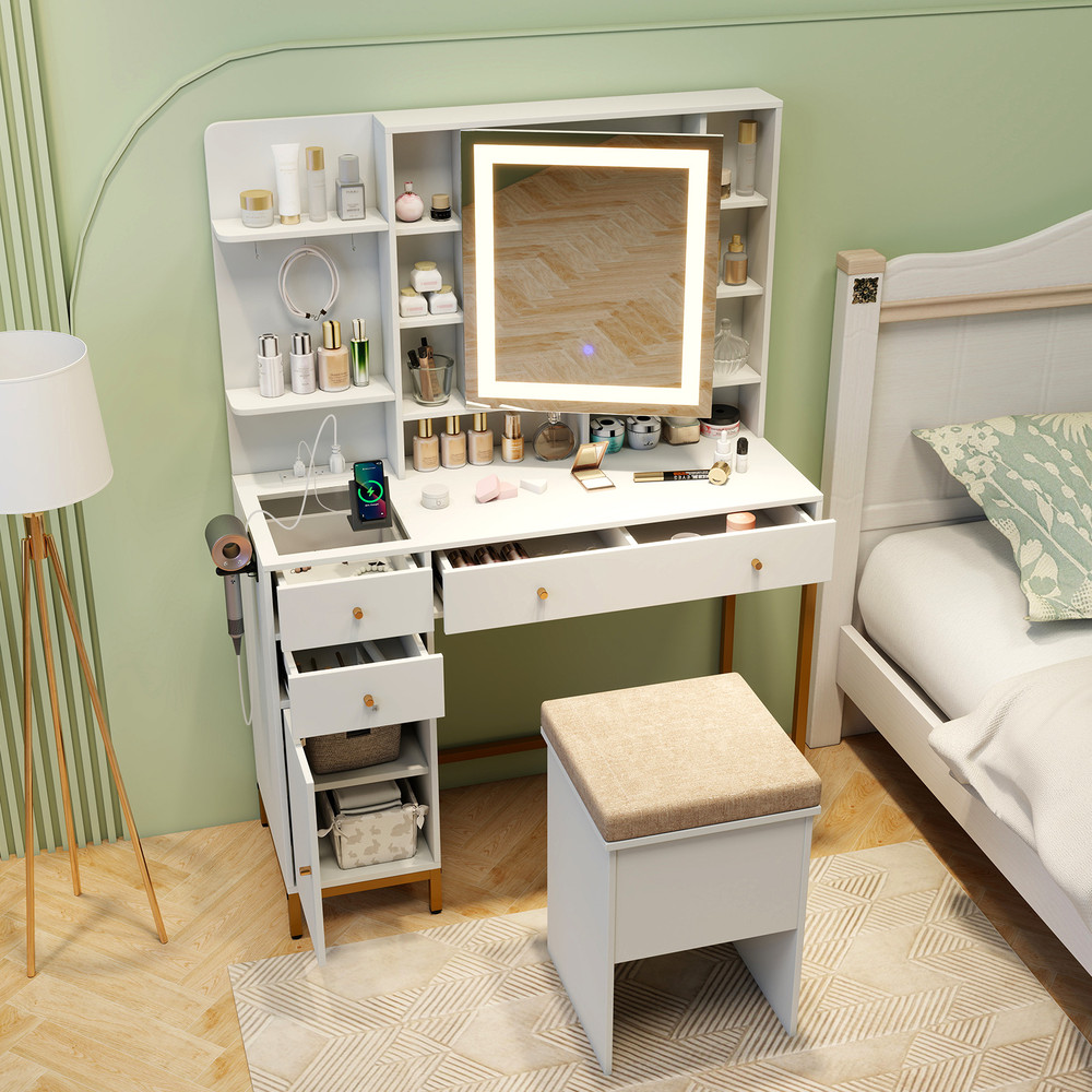 Makeup Dressing Table and Stool Set with Mirror, Lighting Modes, Charging Station, Drawers & Cabinet for Bedroom Vanity