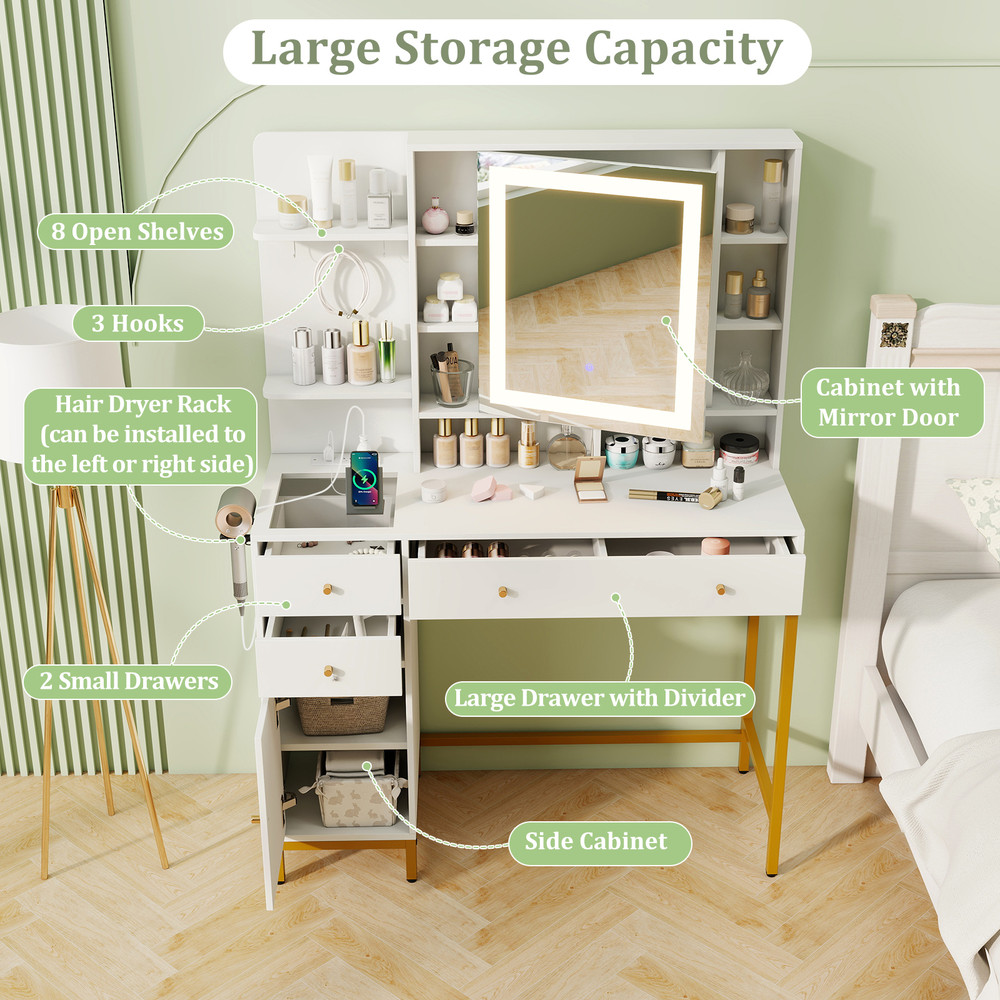 Makeup Dressing Table and Stool Set with Mirror, Lighting Modes, Charging Station, Drawers & Cabinet for Bedroom Vanity