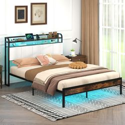 twin full queen size bed frame with led light, charging station, usb & type-c ports, storage headboard & under-bed