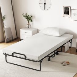 cot/twin size folding bed with memory foam mattress and pillow, rollaway guest bed with wheels, portable & compact