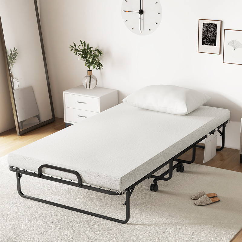 Cot/Twin Size Folding Bed with Memory Foam Mattress and Pillow, Rollaway Guest Bed with Wheels, Portable & Compact