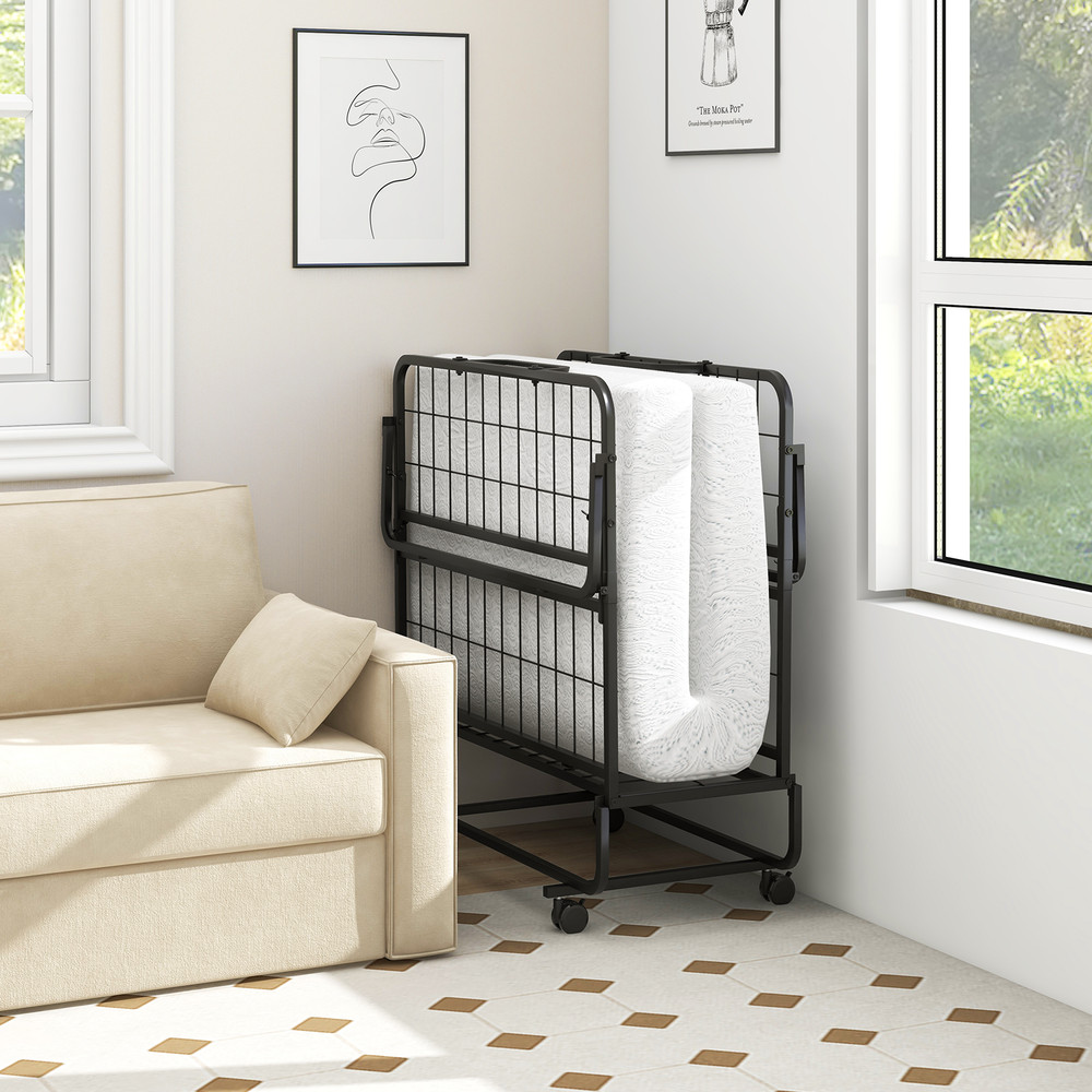 Cot/Twin Size Folding Bed with Memory Foam Mattress and Pillow, Rollaway Guest Bed with Wheels, Portable & Compact