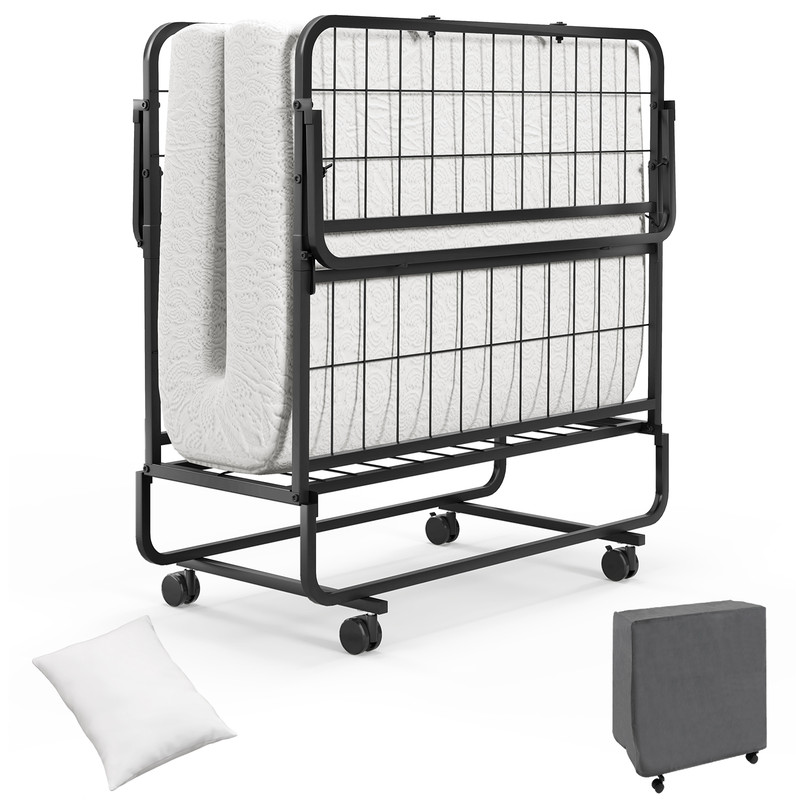 Cot/Twin Size Folding Bed with Memory Foam Mattress and Pillow, Rollaway Guest Bed with Wheels, Portable & Compact