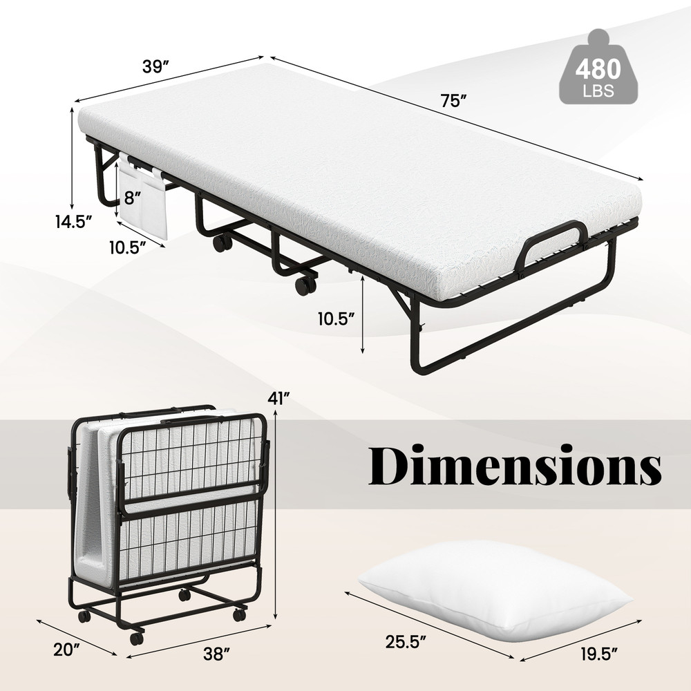Cot/Twin Size Folding Bed with Memory Foam Mattress and Pillow, Rollaway Guest Bed with Wheels, Portable & Compact