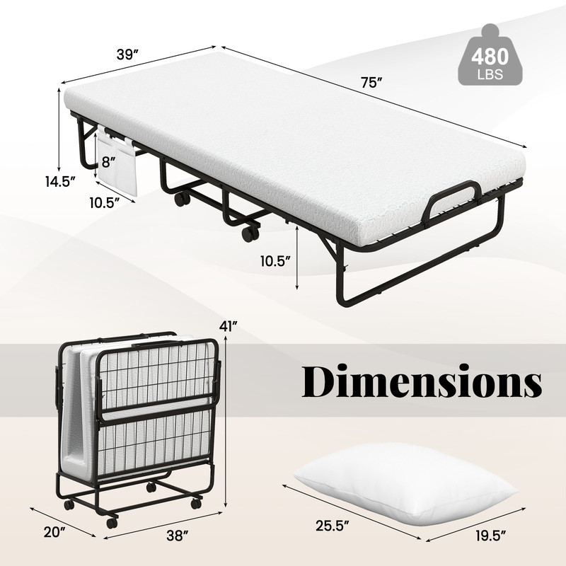Cot/Twin Size Folding Bed with Memory Foam Mattress and Pillow, Rollaway Guest Bed with Wheels, Portable & Compact