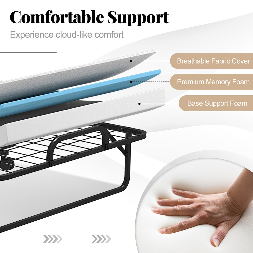 Cot/Twin Size Folding Bed with Memory Foam Mattress and Pillow, Rollaway Guest Bed with Wheels, Portable & Compact