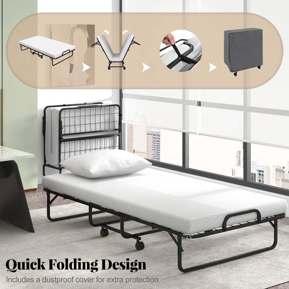 Cot/Twin Size Folding Bed with Memory Foam Mattress and Pillow, Rollaway Guest Bed with Wheels, Portable & Compact