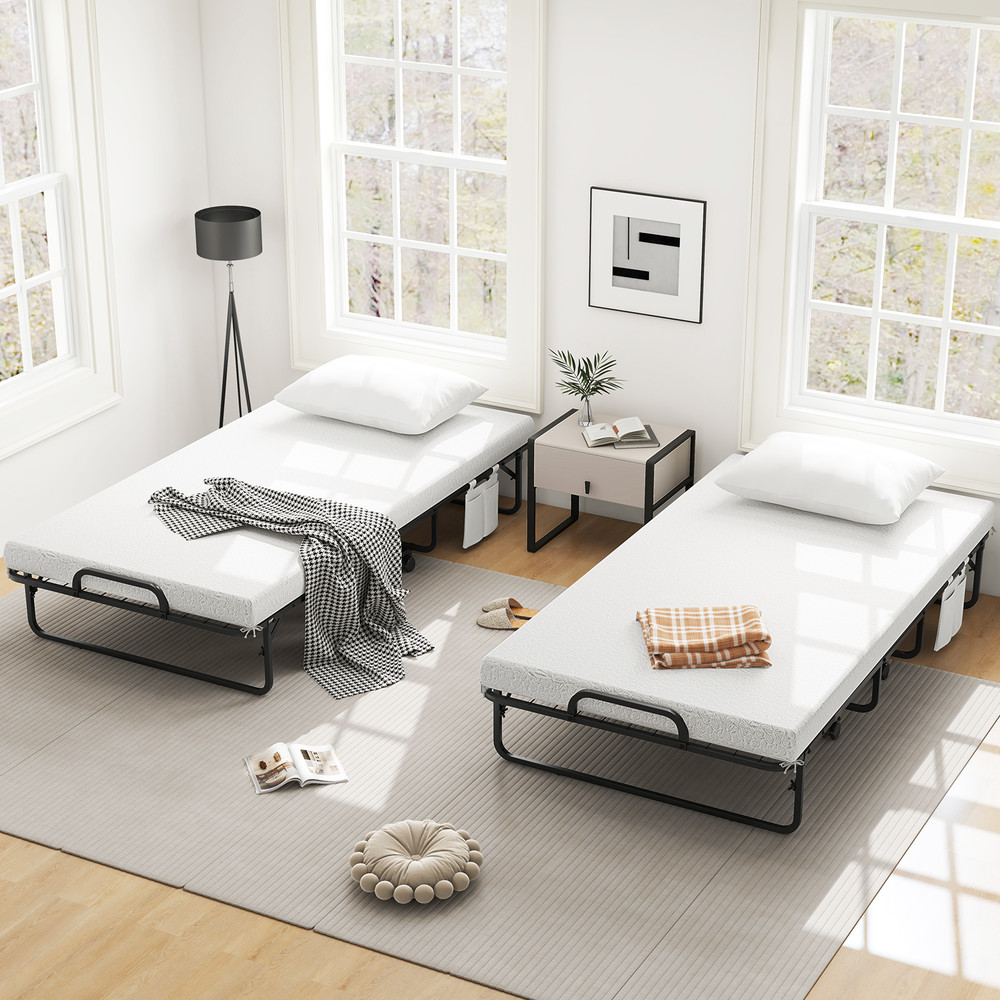 Cot/Twin Size Folding Bed with Memory Foam Mattress and Pillow, Rollaway Guest Bed with Wheels, Portable & Compact