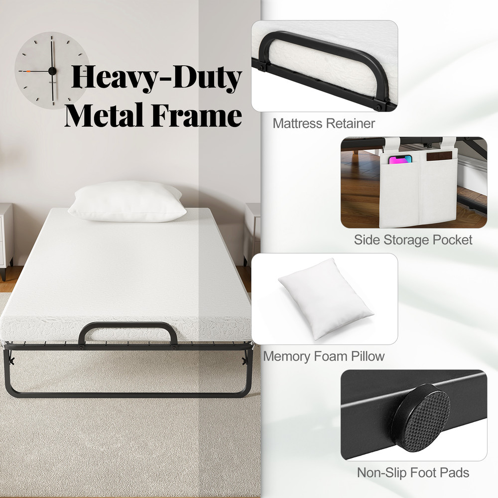 Cot/Twin Size Folding Bed with Memory Foam Mattress and Pillow, Rollaway Guest Bed with Wheels, Portable & Compact