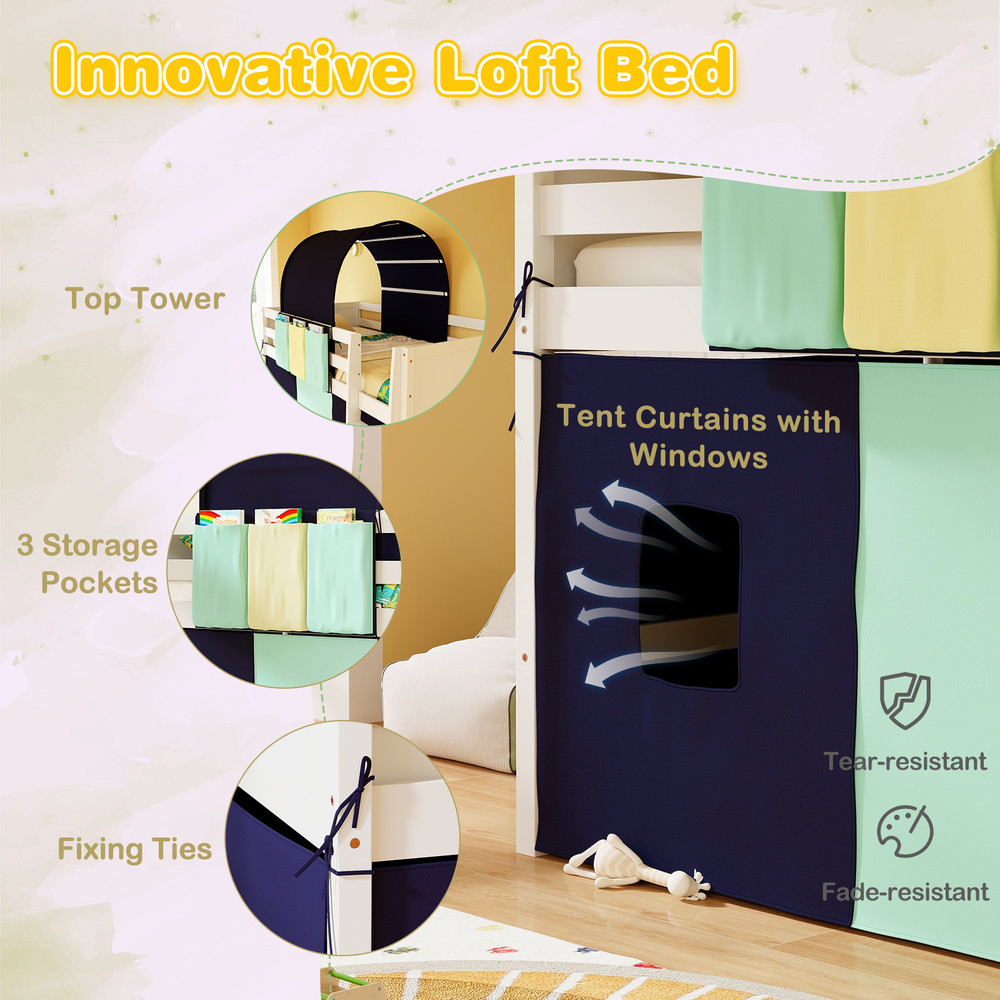 Twin Size Loft Bed Playhouse Bed Frame with Tower Tent & 3 Storage Pockets for Kids, Wooden Bunk with Ladder & Curtains