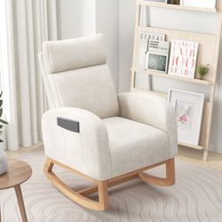 nursery rocking chair upholstered chenille rocker armchair with natural rubber wood frame, comfortable glider chair