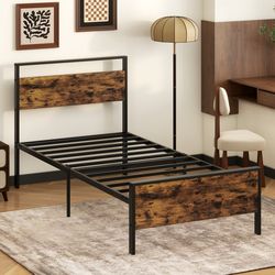 twin full queen metal bed frame industrial platform bed with wooden headboard & sturdy slats for mattress support