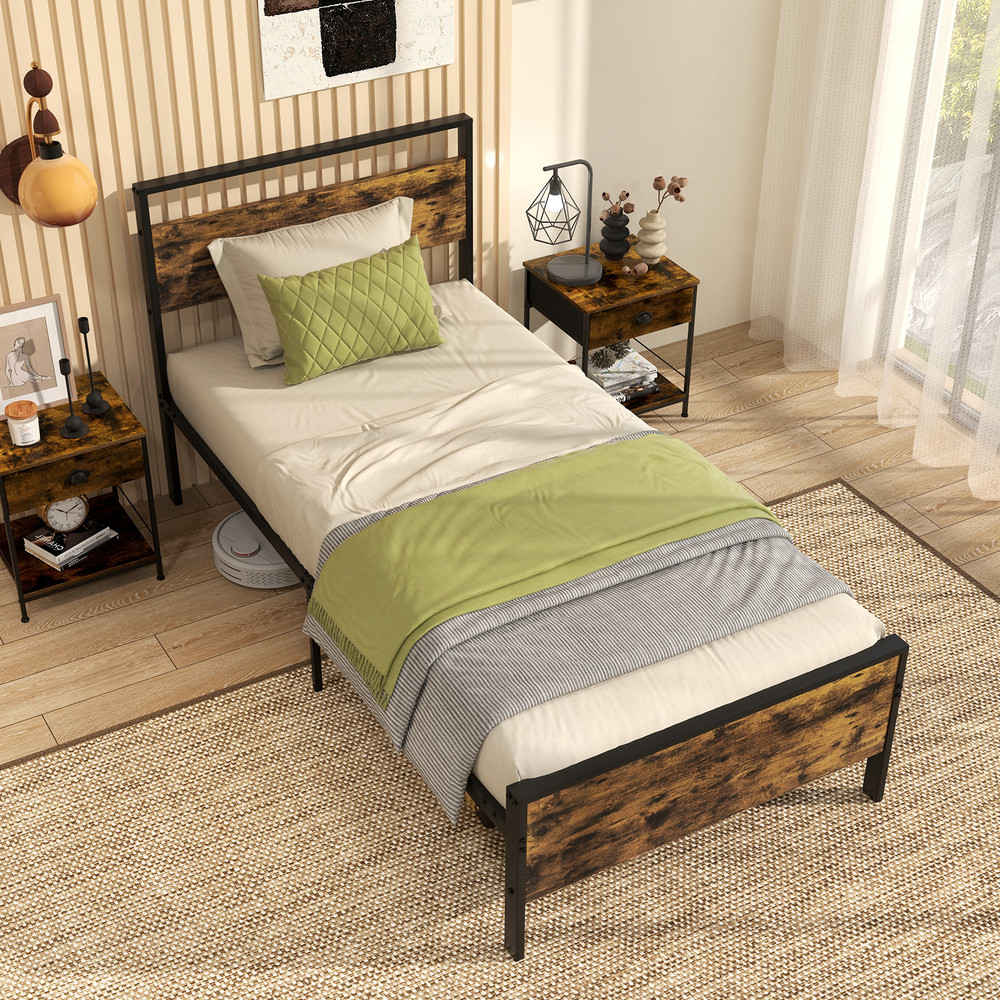 Twin Full Queen Metal Bed Frame Industrial Platform Bed with Wooden Headboard & Sturdy Slats for Mattress Support