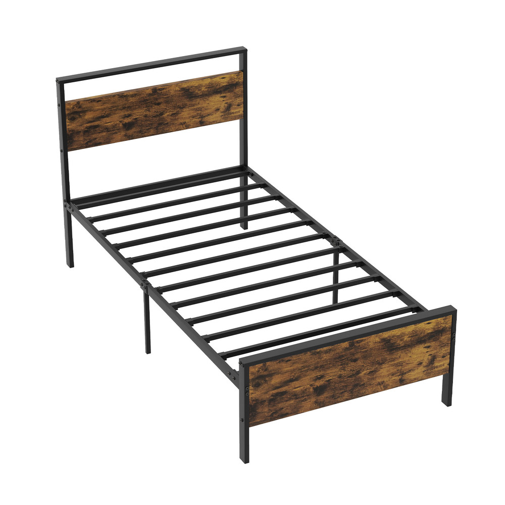 Twin Full Queen Metal Bed Frame Industrial Platform Bed with Wooden Headboard & Sturdy Slats for Mattress Support