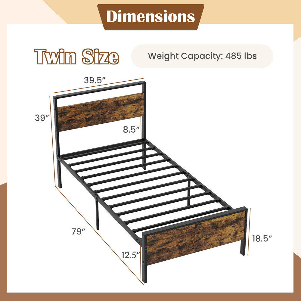 Twin Full Queen Metal Bed Frame Industrial Platform Bed with Wooden Headboard & Sturdy Slats for Mattress Support