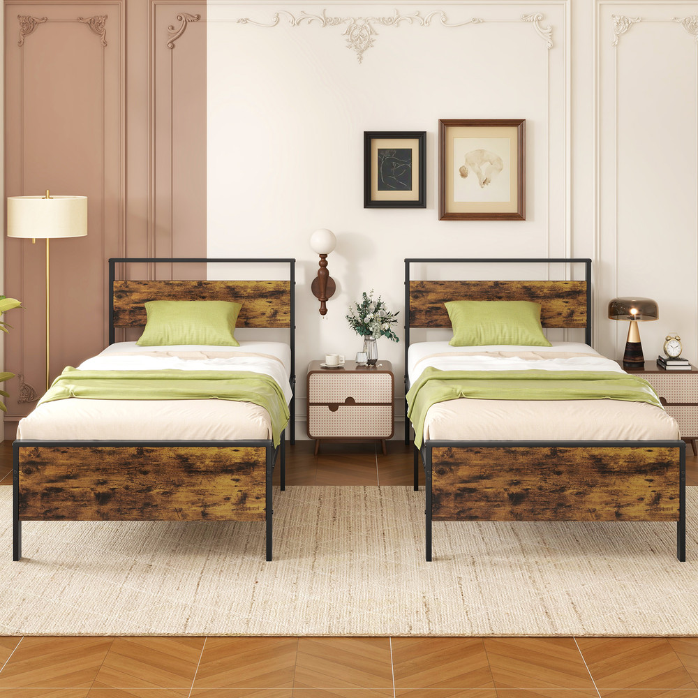 Twin Full Queen Metal Bed Frame Industrial Platform Bed with Wooden Headboard & Sturdy Slats for Mattress Support