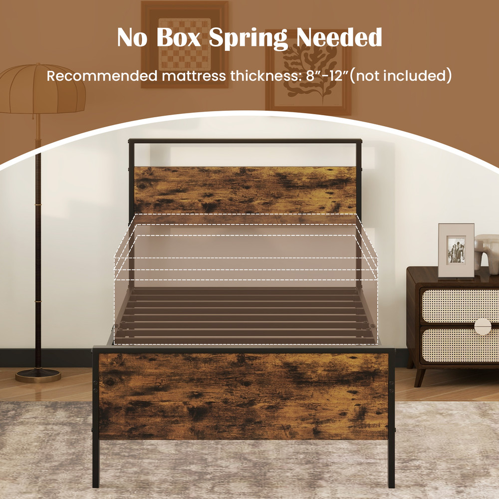 Twin Full Queen Metal Bed Frame Industrial Platform Bed with Wooden Headboard & Sturdy Slats for Mattress Support