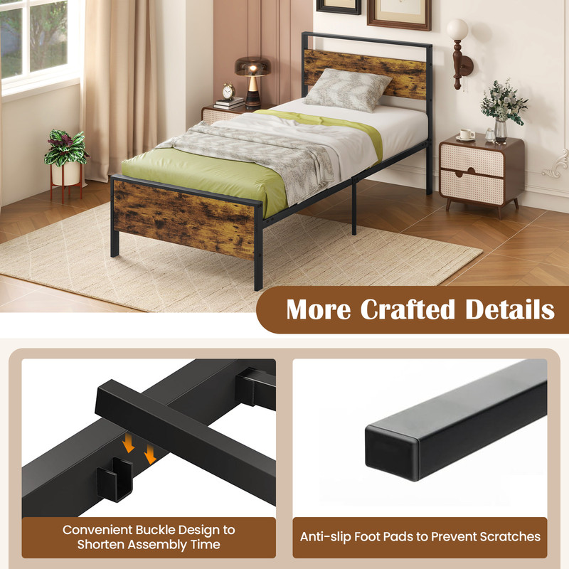 Twin Full Queen Metal Bed Frame Industrial Platform Bed with Wooden Headboard & Sturdy Slats for Mattress Support