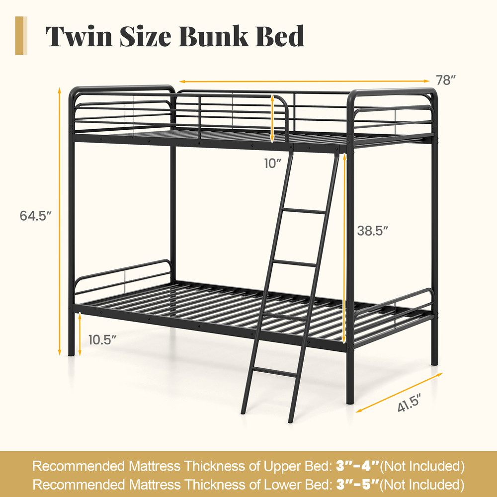 Heavy Duty Metal Bunk Bed with Ladder and Safety Guardrails, Twin Over Twin Bed Frame for Kids, Teens, Adults