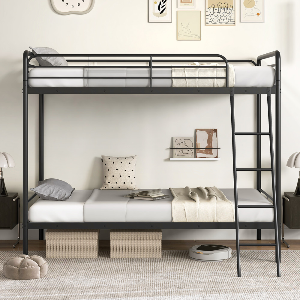 Heavy Duty Metal Bunk Bed with Ladder and Safety Guardrails, Twin Over Twin Bed Frame for Kids, Teens, Adults