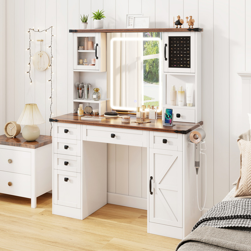 Farmhouse Vanity Desk with Lighted Mirror and Doors, Makeup Vanity Table with Drawers, Charging Station, Ring Organizer