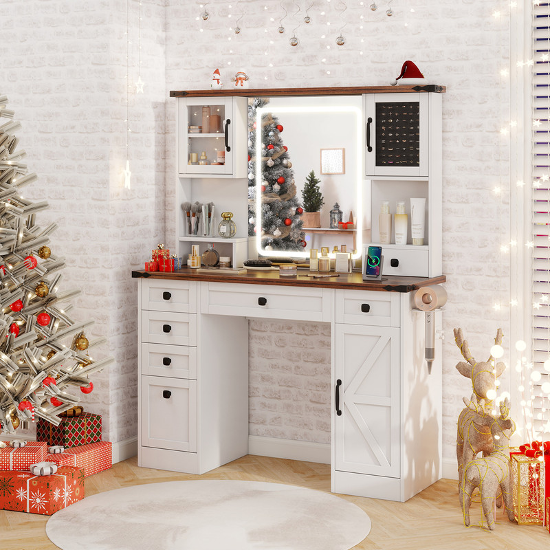 Farmhouse Vanity Desk with Lighted Mirror and Doors, Makeup Vanity Table with Drawers, Charging Station, Ring Organizer