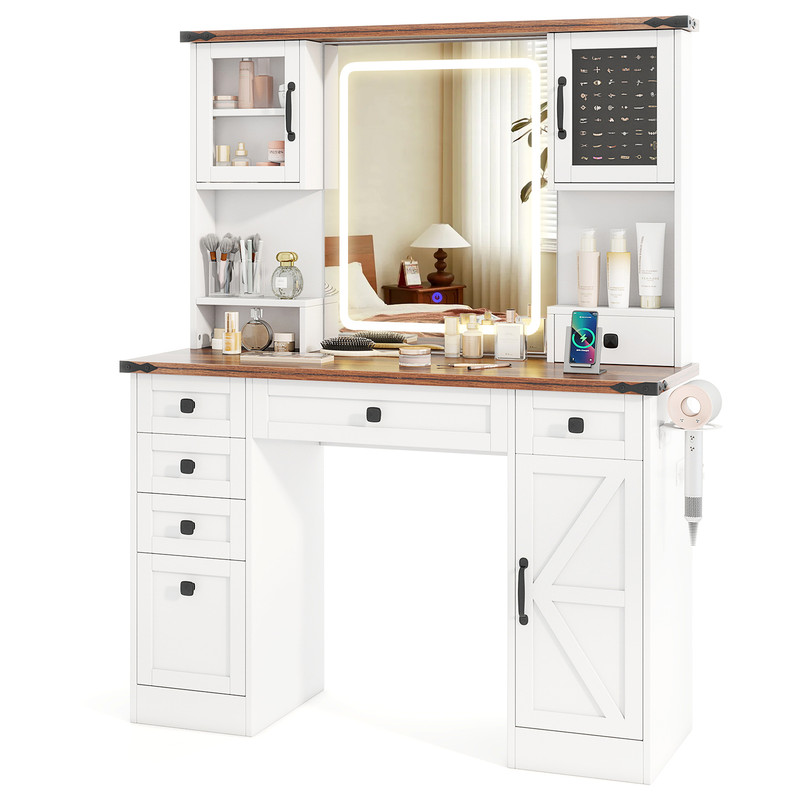Farmhouse Vanity Desk with Lighted Mirror and Doors, Makeup Vanity Table with Drawers, Charging Station, Ring Organizer