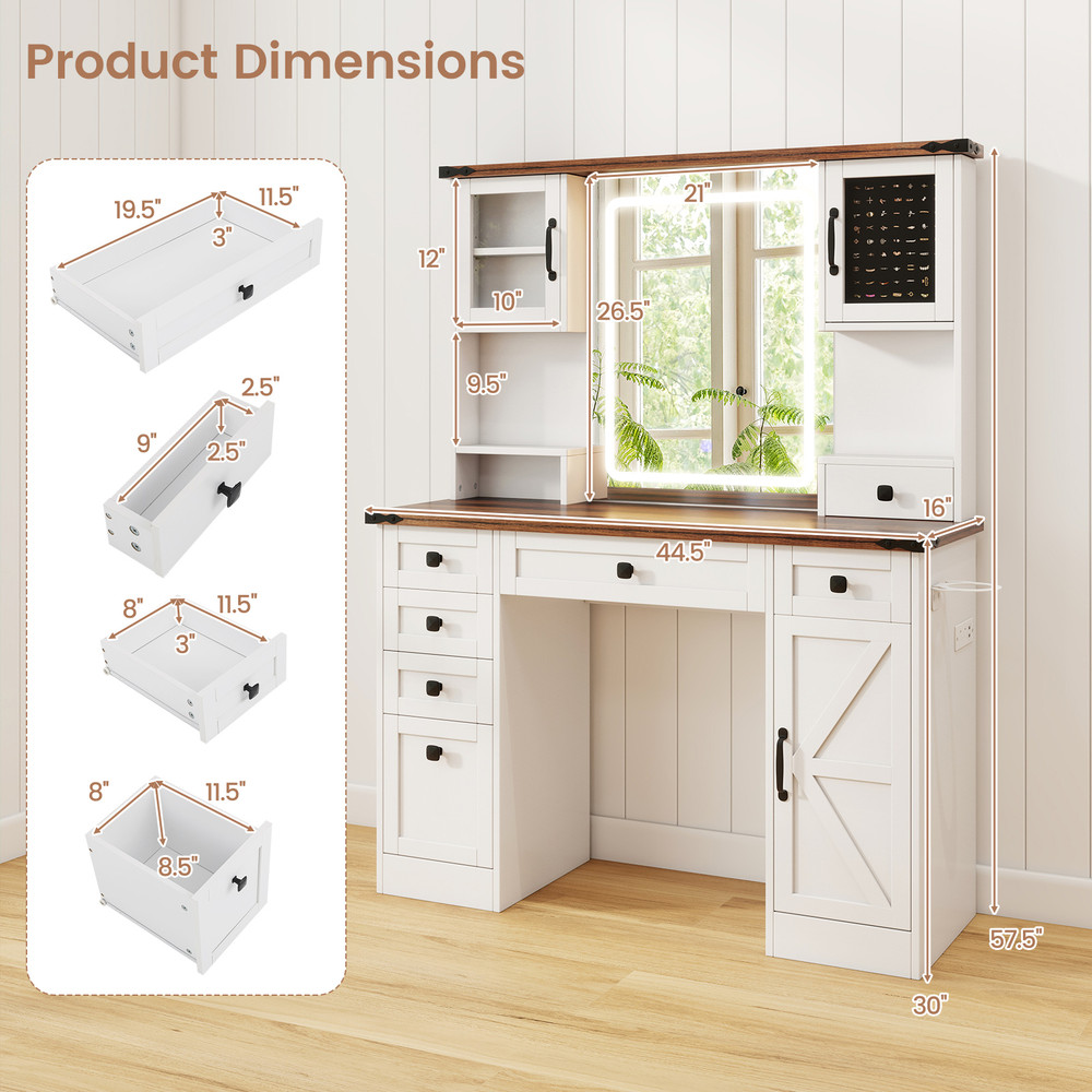Farmhouse Vanity Desk with Lighted Mirror and Doors, Makeup Vanity Table with Drawers, Charging Station, Ring Organizer