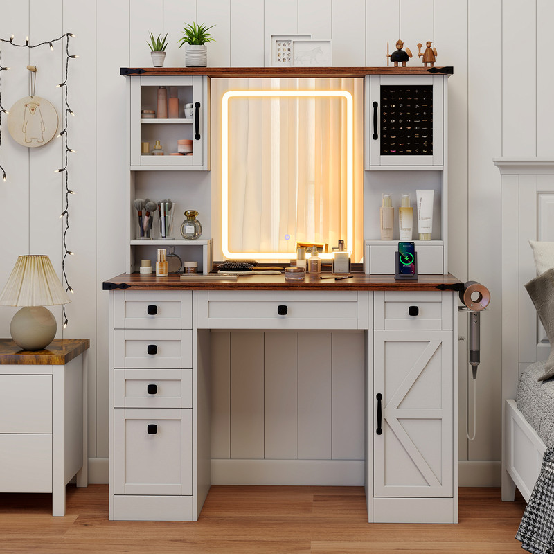 Farmhouse Vanity Desk with Lighted Mirror and Doors, Makeup Vanity Table with Drawers, Charging Station, Ring Organizer